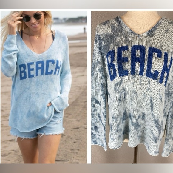 Wooden Ships Sweaters - Wooden Ships Beach Lightweight V Neck Tie Dye Blue Sweater Small / Medium